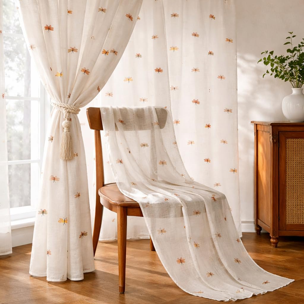 THE LINEN COMPANY Cotton Linen Extra Long Sheer Door Curtains, Breathable Semi Transparent Drapes with Rod Pocket, Soft Light Filtering Privacy Curtain for Home Decor, Dragon Print, 9 Feet, Pack of 1