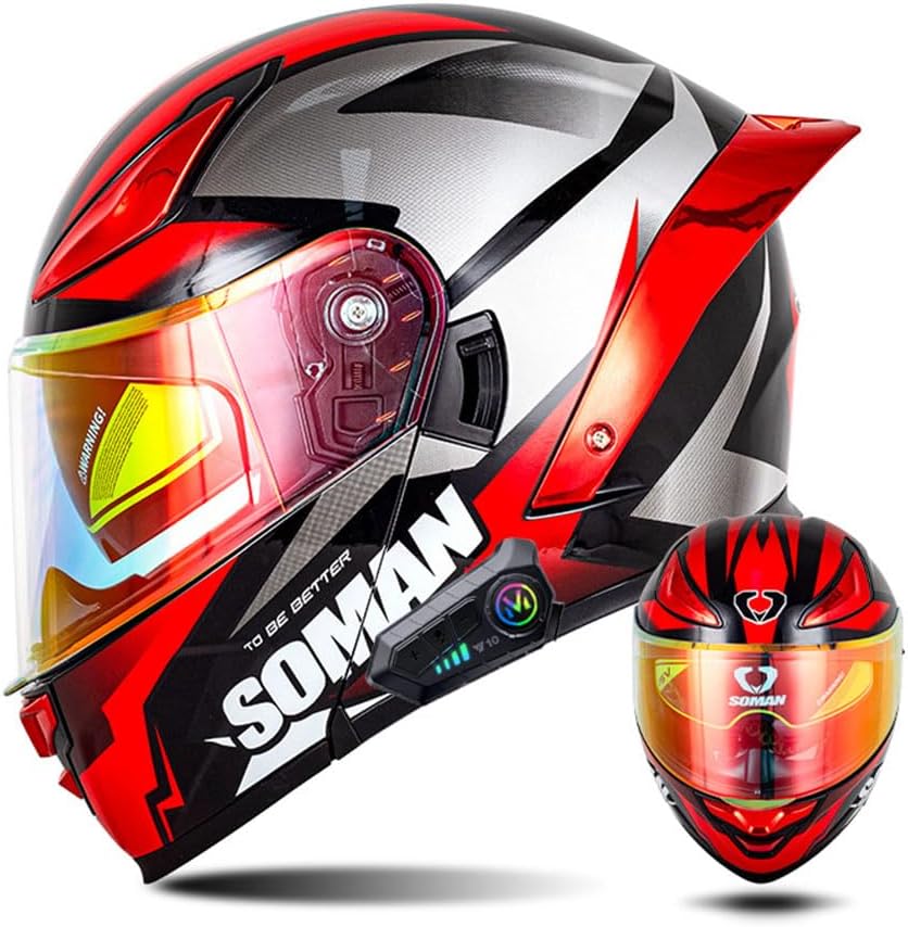 Cool Colorful Full Face Bluetooth Motorcycle Helmet Adult Men Women Sports Flip-Up Helmet with Tail ATV Motocross Chopper Cruiser Moped Racing Double Visor Street Helmet, DOT Approved, S-XXL