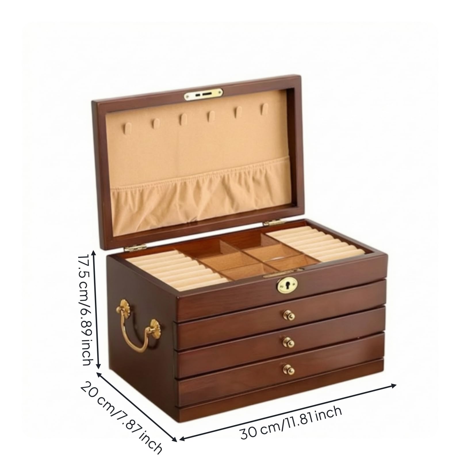 Organizer Gioielli Scatola Porta Gioie Cofanetto Cassettiera Legno Multilivello con Cassetti E Scomparti Foderati Ferramenta Resistente E Coperchio, Velvet Hook W Lock