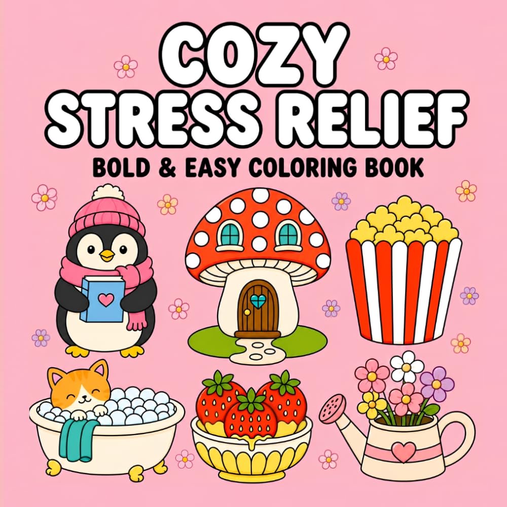 Cozy Stress Relief Coloring Book: Bold and Easy Designs, Cute Things, Cozy Items, and Many More Relaxing Scenes for Adults, Seniors and Beginners
