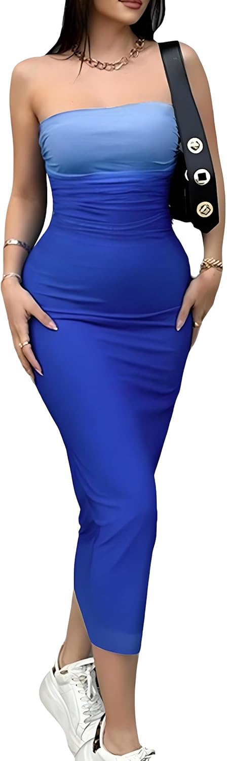 ABMOIU Women's Summer Strapless Maxi Dress Sexy Printed Tube Top Ruched Bodycon Long Party Club Dresses