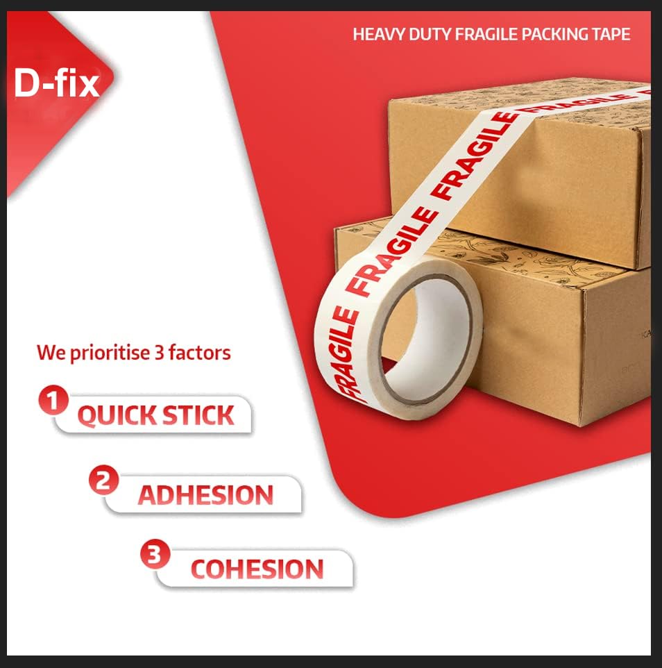 Image of D-fix Bopp Fragile Branded Printed Packaging Tape 65 Meters in Length 48mm / 02 inch Width - 3 Roll Per Pack Suitable for E-commerce Packaging Material for Small Business