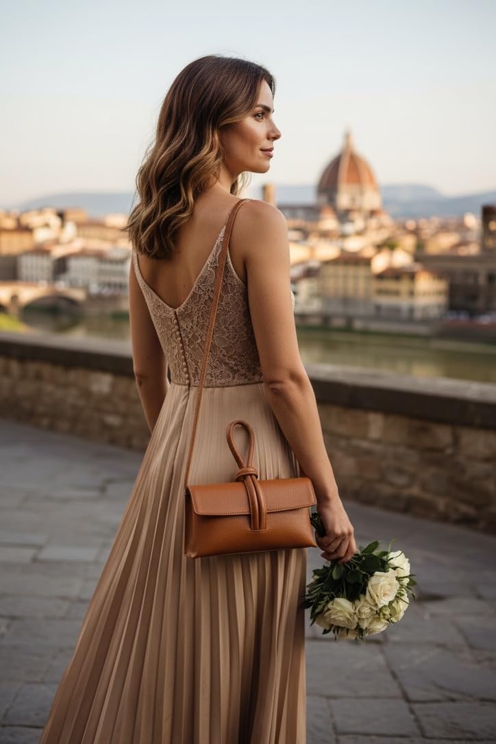 SH Leder Mini Clutch - Borsa a tracolla da donna in vera pelle con manico con fiocco, borsa da sera compatta con tracolla rimovibile, made in Italy Alma G428