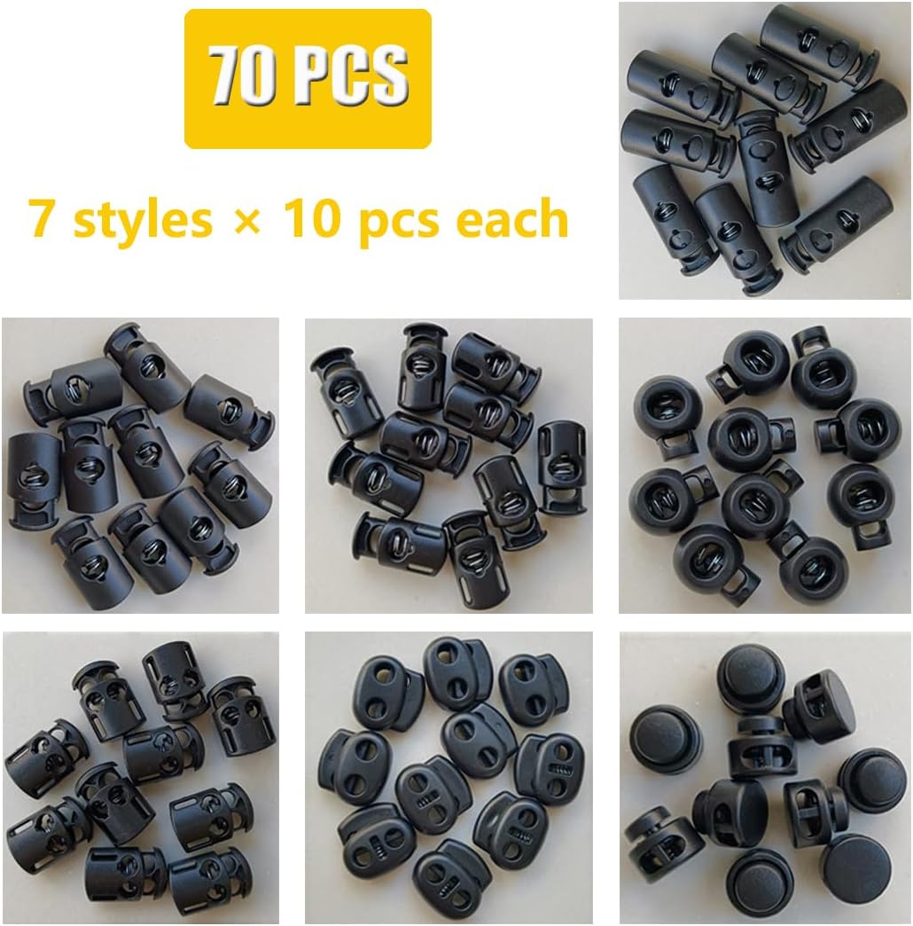 70 Pcs Plastic Cord Locks, Spring Toggle Stoppers with 7 Styles, Drawstring Clips for Shoelaces, Bags, Clothing, Paracord, Lanyard and DIY Crafts