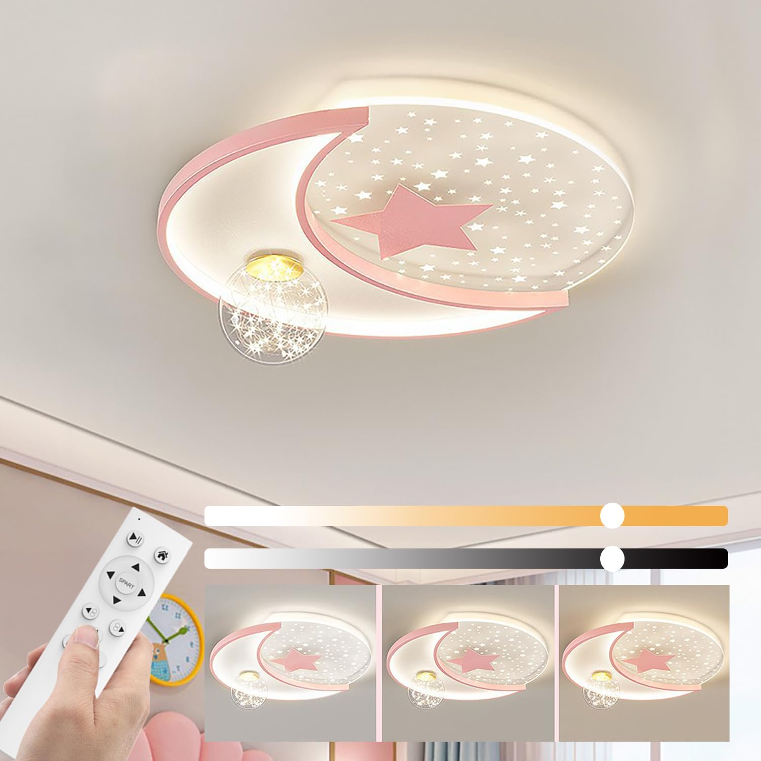 KZT LED Lámpara de Techo Regulable Plafón con Mando a Distancia Moderno Redondo Acrílico Luz de Techo 72W Infantil Luminaria de Techo para Niños Niñas Dormitorio Sala de Estar Iluminación，Rosa