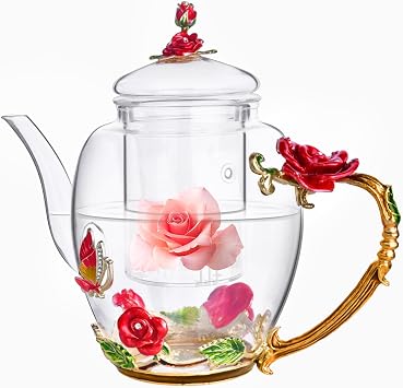 Enamel Glass Flower Tea Pot With Removable Loose Tea Leaf Infuser Tea Maker Teapot Set 30.4OZ Gifts for Women,Mom,Birthday | Tea Maker With Removable Loose Tea Leaf Infuser,Teapot Set,Heat & Cold Resistant,Shatterproof