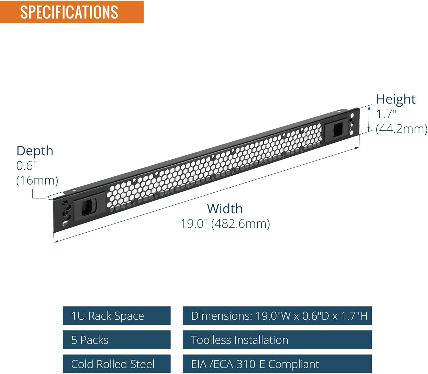 Tecmojo 5 Pack 1U Rack Perforated Blank Panel, Cold Rolled Steel Rack Panel, Rack Mount Plate for 19 in Server Rack Enclosure or Network Cabinet, Snap-in Type Mounting, Black 1U Snap-in Type/5 Pack