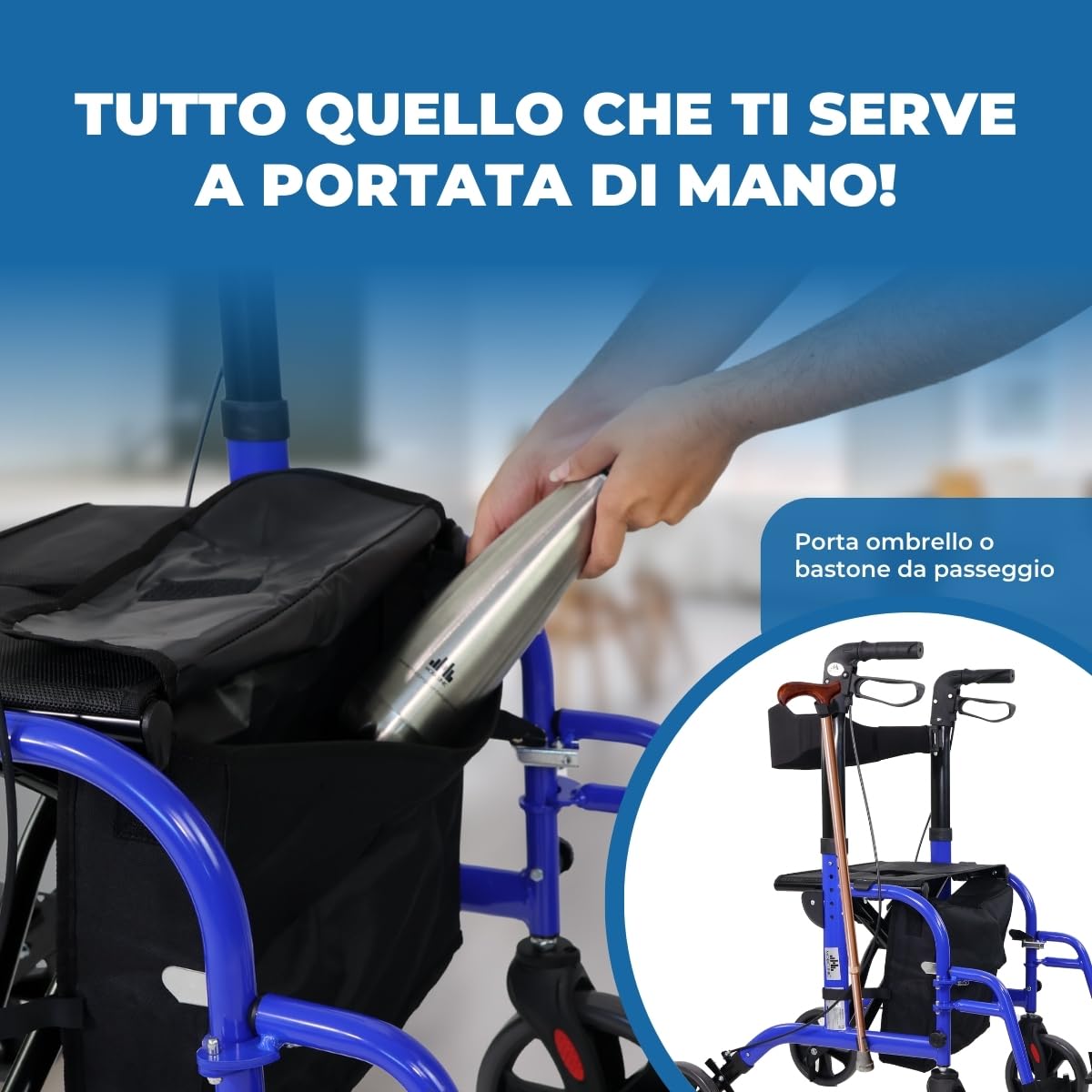 Mobiclinic, Deambulatore, Picasso, Marchio europeo, Adulti o disabili, Per anziani, In alluminio, Leggero, Pieghevole, Con seduta e 4 ruote, Colore blu