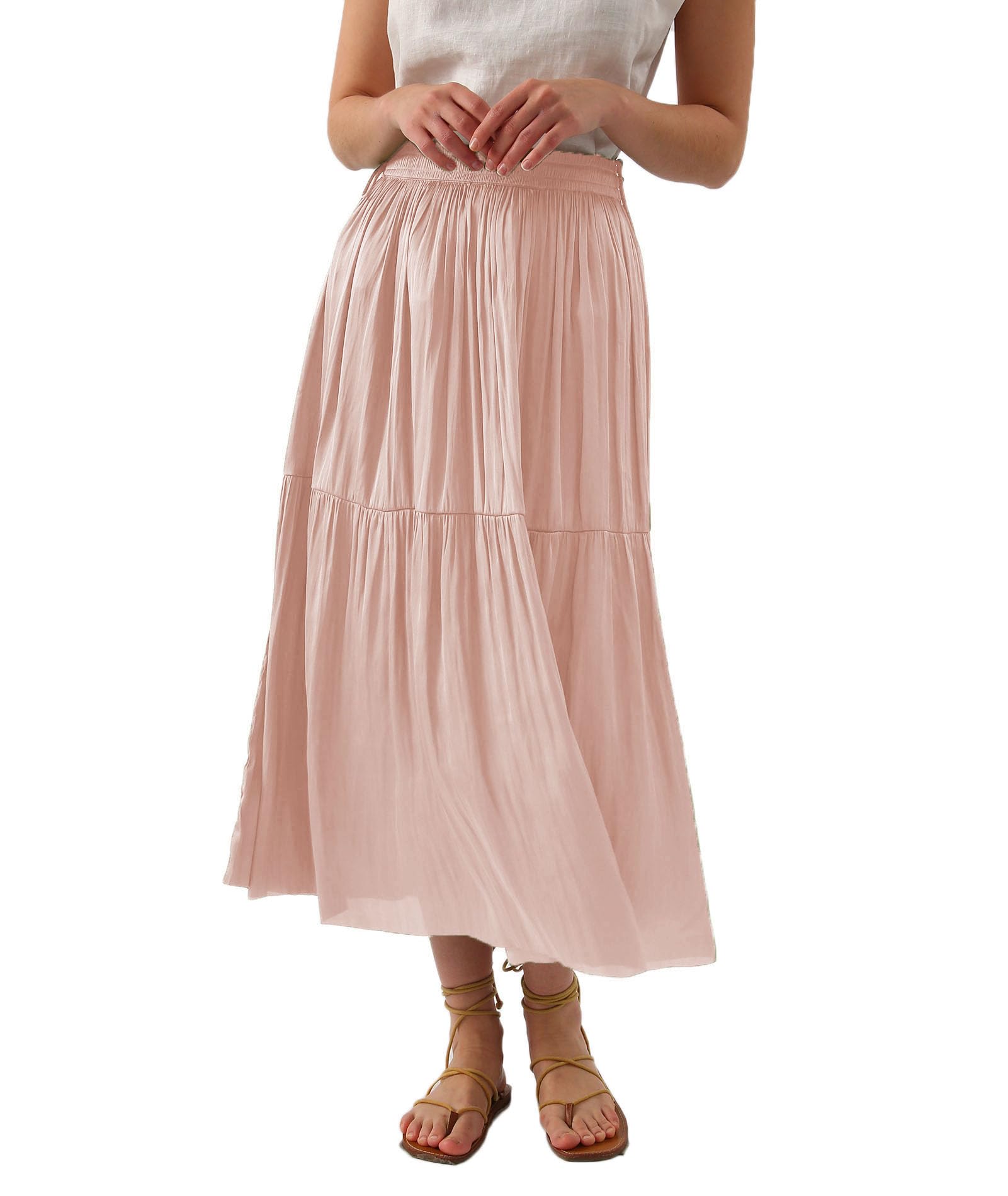 Amazhiyu Womens Pleated A Line High Waist Midi Skirt with Drawstring Elastic Waistband