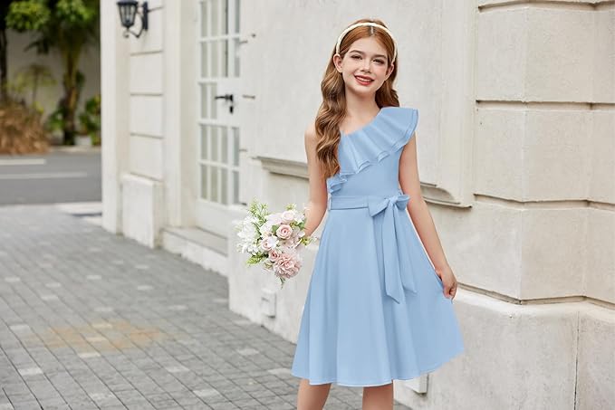 Arshiner Zomerjurk voor meisjes, schoudervrij, kinderjurk, ruches mouwen, elegante riemjurk, kinderjurk, A-lijn, swingjurk, hoge lage jurk, casual jurken met zak, 4-13 jaar, Rood, 8-9 jaar