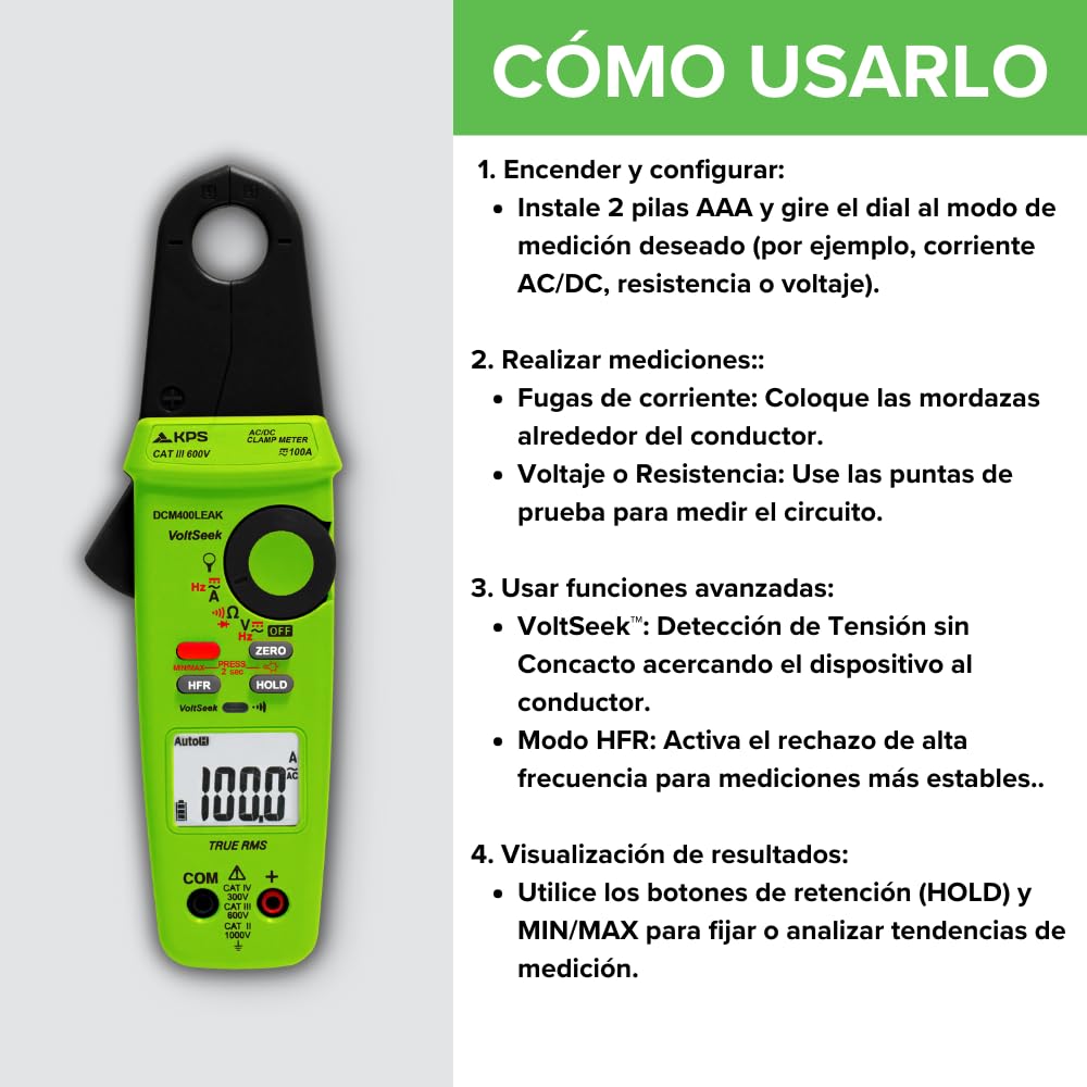 KPS-DCM400LEAK Pinza de Fugas de Corriente TRMS 20mA a 100A AC/DC Voltaje 1000V AC/DC Filtro Pasabajo 50Hz - 800Hz y NCV
