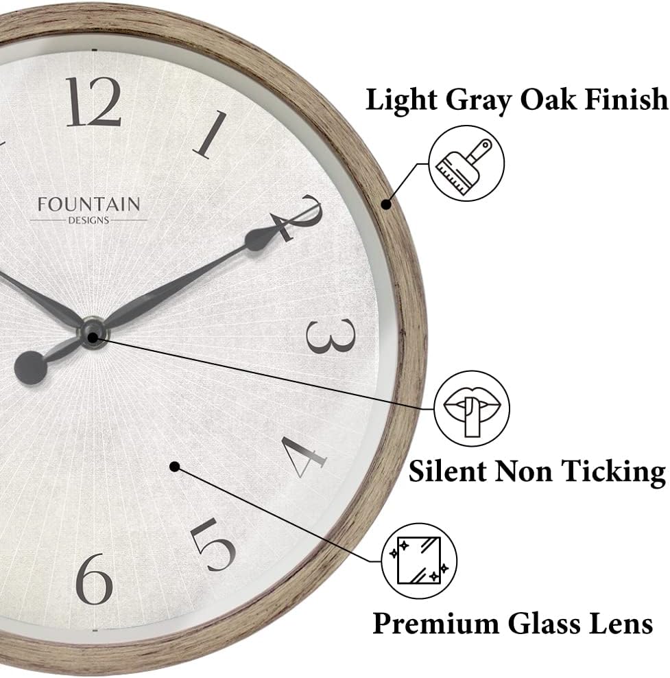 10" Modern Farmhouse Clock, No Ticking Silent Clock, Modern and Vintage, Light Gray Oak Finish. (Wall Decoration Timepiece)