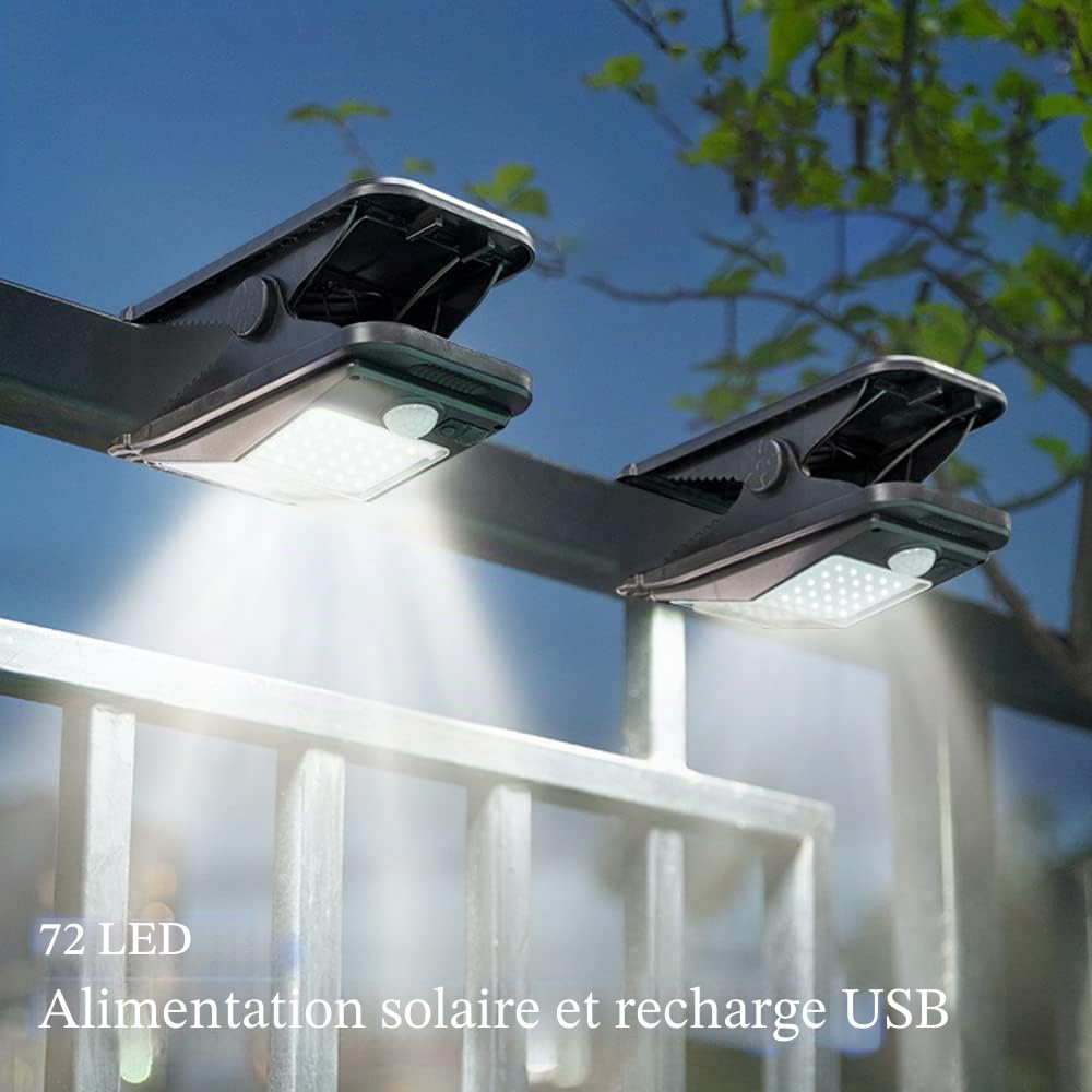 Lampes de sécurité solaires extérieures avec détecteur de mouvement à clip, 72 LED Lampes solaires super lumineuses pour jardin extérieur, IP65 Lampes de camping extérieures étanches, Éclairage à clip