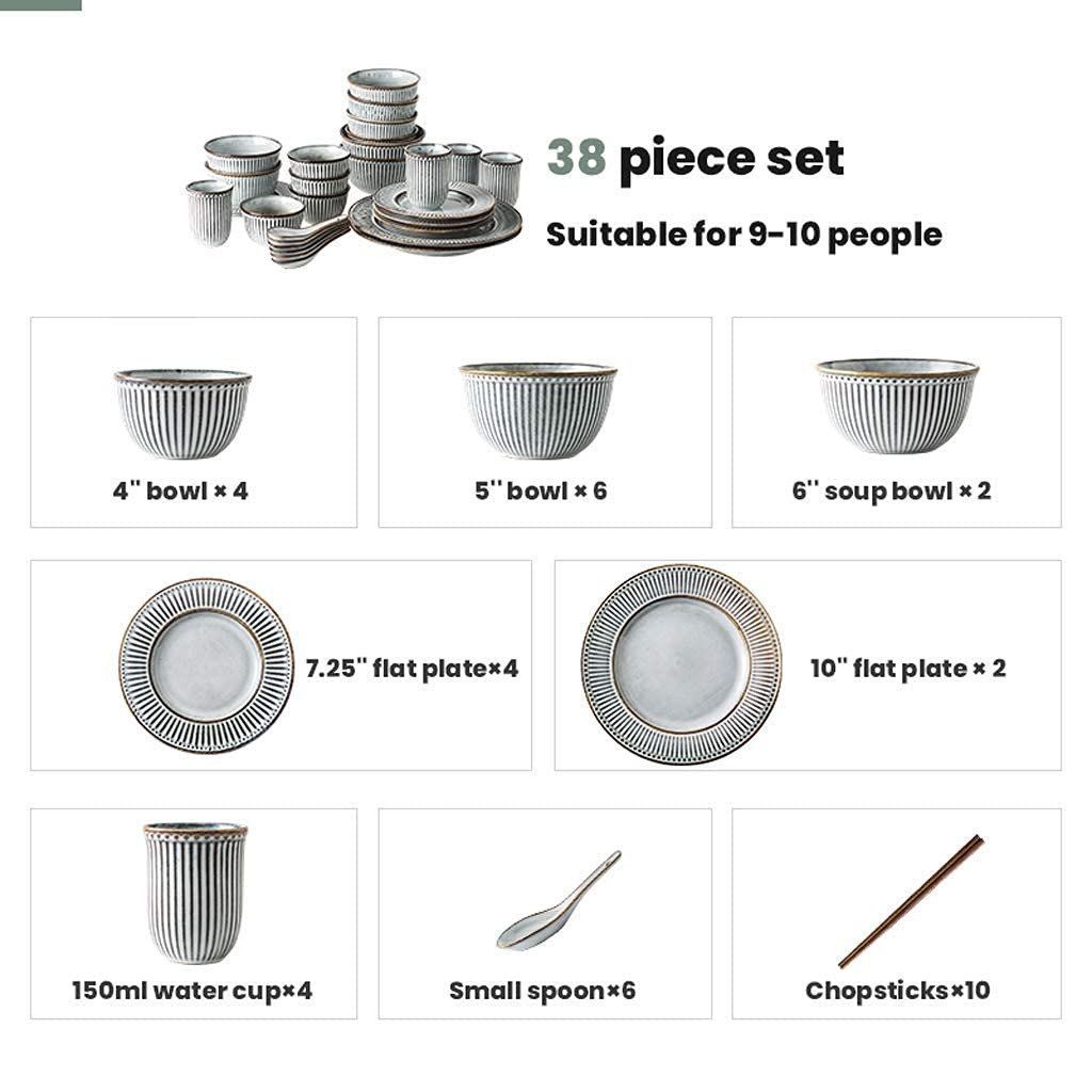 Zestaw obiadowy, Zestawy obiadowe ceramiczne, 38 elementów, retro tłoczone pionowe paski, zestaw obiadowy, porcelanowa miska na płatki zbożowe, łyżka i talerz dla rodziny Gatheand Restaurant