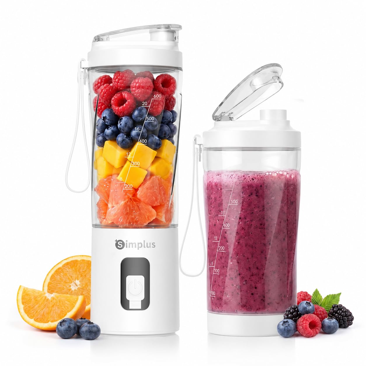 SIMPLUS Tragbarer Mixer 800ml Smoothie Maker To Go, USB-C Mini Mixer mit 6 Edelstahlklingen, kabelloser Blender für Shakes, Milchmixgetränke, weiche Früchte & kleine Eisstücke, BPA-frei