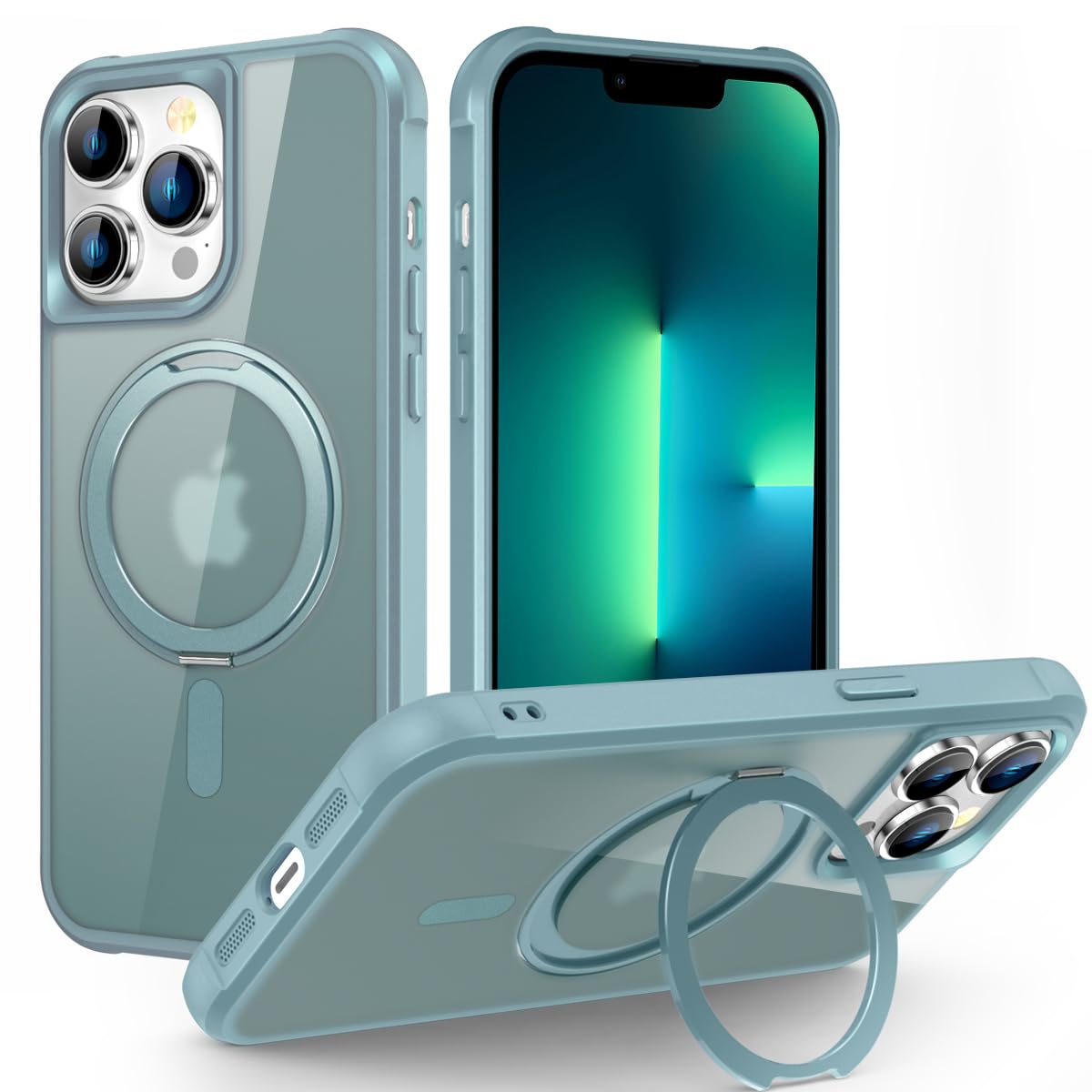 360° Magnetic Swivel Ring for iPhone 13 pro max case, Built-in Metal Stand and Ring Holder, Magsafe Compatible, Military Grade Protection, Shock and Vibration Resistant-Lake Blue