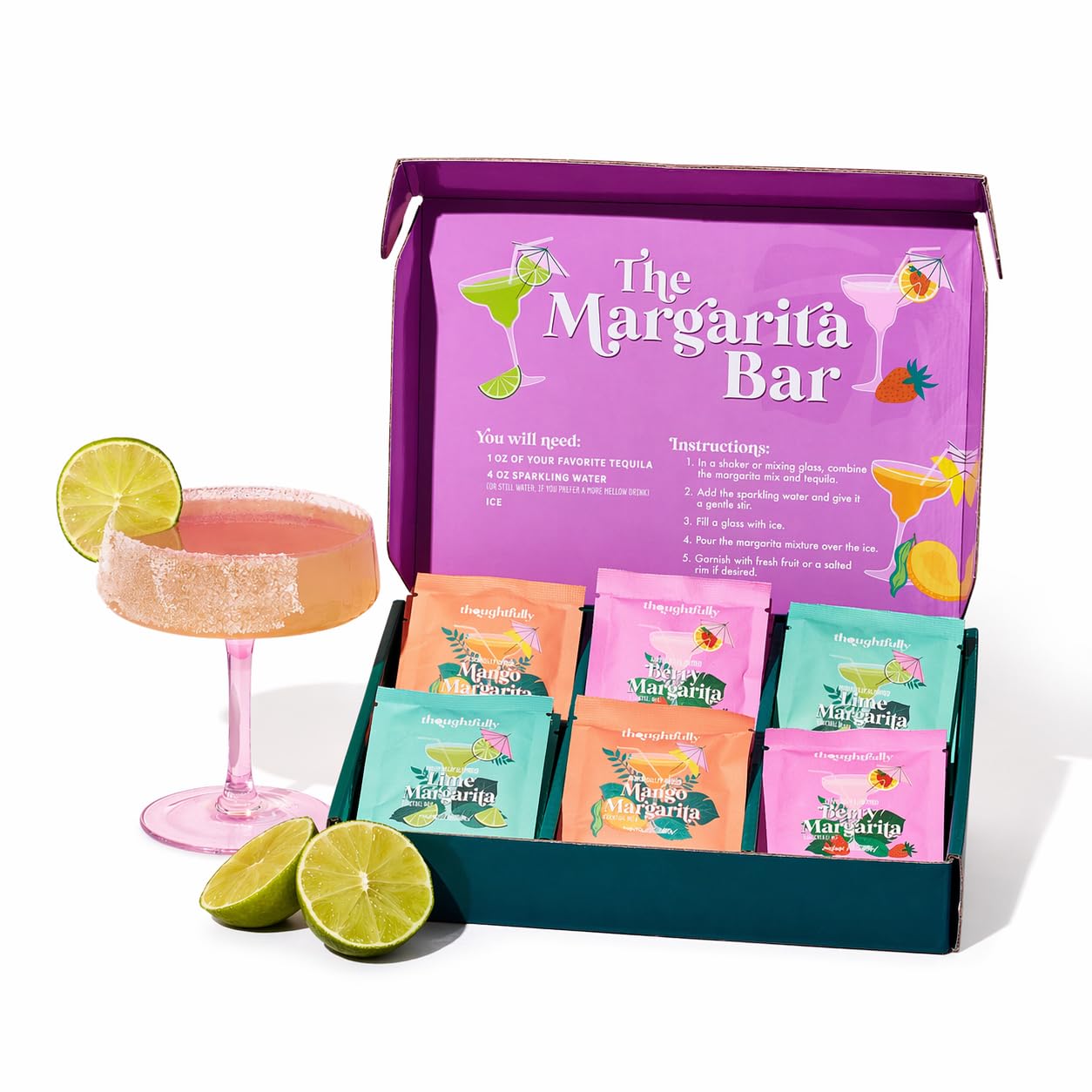 Thoughtfully, The Margarita Bar, Includes Powdered Drink Mix Packets in Mango, Lime, & Berry, Flavored Drink Mixers for Cocktails, Mocktails, Non-Alcoholic Drinks, Margarita Gifts, Palomas, Set of 24