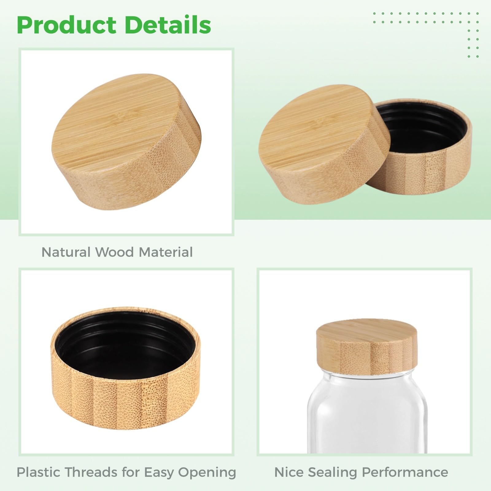 48 coperchi per barattoli in legno naturale, riutilizzabili, a prova di perdite, per barattoli da 113,4 g e 170,1 g, coperchi rotondi con fili di plastica