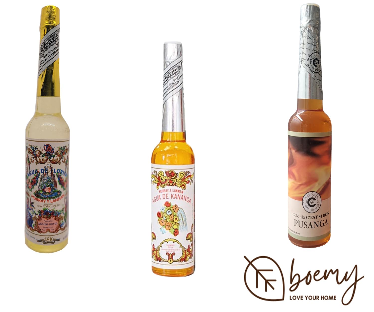 Pack con Agua Florida, Pusanga y Kananga. Para purificar, atraer amor, éxito y proteger tu energía. Botellas de 270ml, 221ml, 221ml.