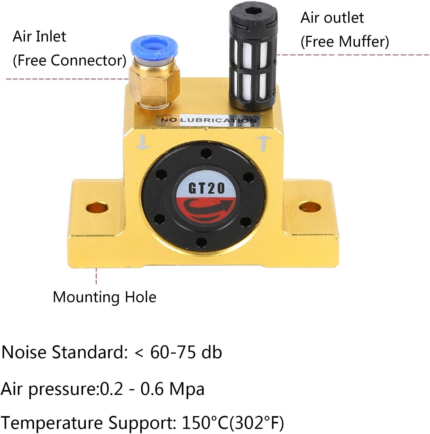 G 1/4'' Pneumatic Turbine Vibrators Silent Golden Industrial Vibrator for Hopper Golden GT-20 Free Muffler