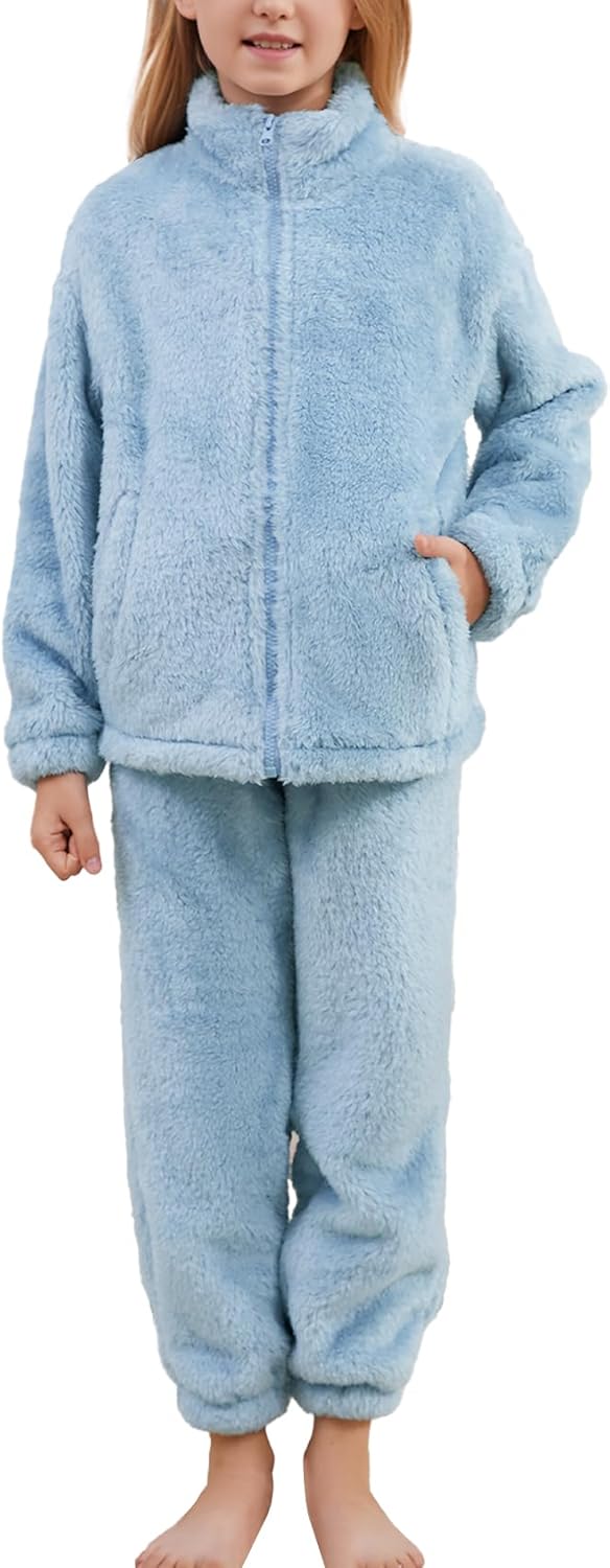 Flygo Girls Fuzzy Pants Sets Kid 2 Piece Winter Fleece Outfits Stand Collar Zip Up Sweatshirts Fluffy Sweatpants with Pockets