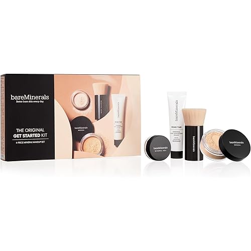 bareMinerals Original Get Started Kit, 4 Piece Mini Mineral Makeup Includes Original Loose Foundation, Face Primer, Setting Powder, Brush, Travel Sizes, Must-Have Kit, Vegan