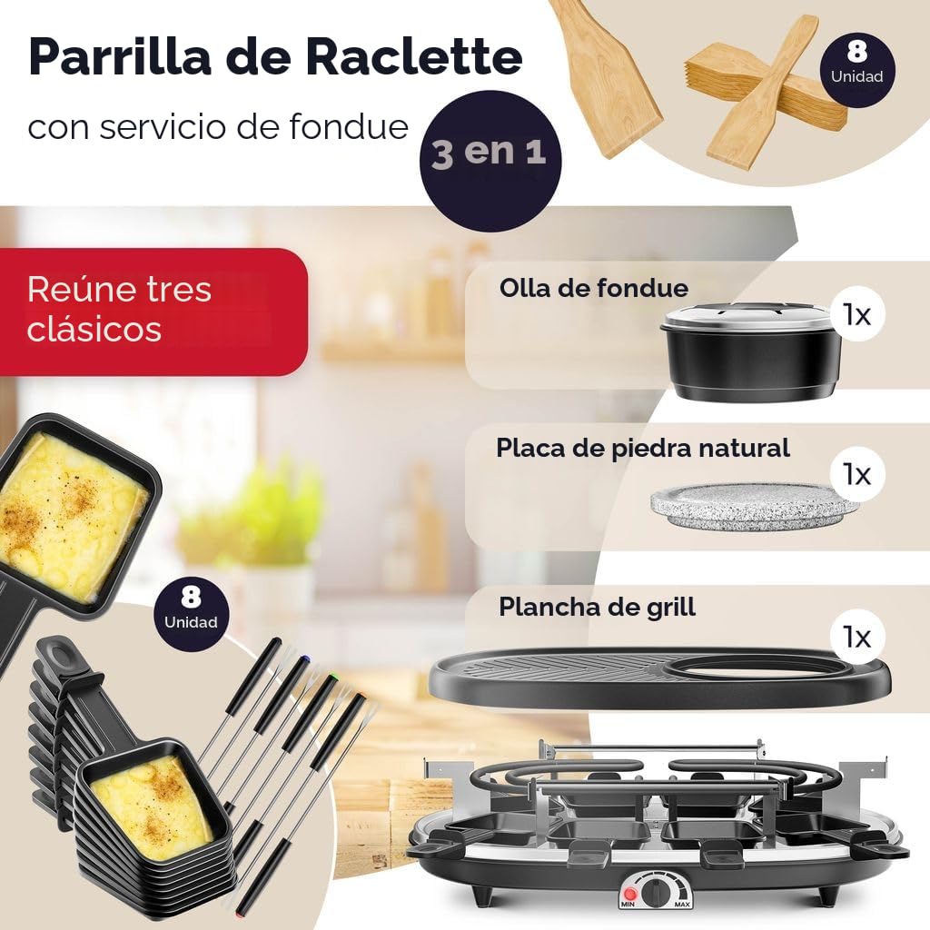 KESSER® 3 en 1 Raclette grill con piedra natural antiadherente, placa de parrilla y fondue, parrilla eléctrica de mesa para 8 personas.