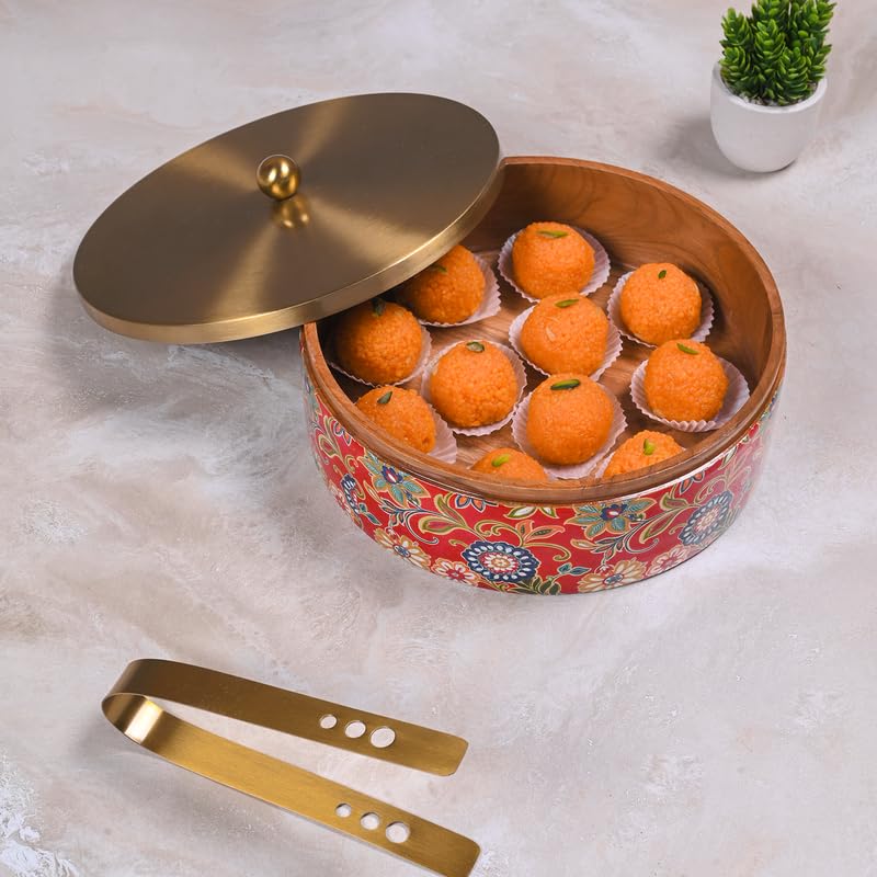 Image of Wooden Chapati Box for Kitchen - Casserole for Roti with Stainless Steel Brass Lid | Wooden Chapati Box with 1 Tong | Traditional Kitchen Organizer - Royal Red & Golden (Printed)