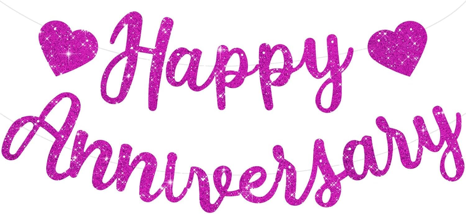 TONIFUL Purple Happy Anniversary Banner, Pre-Strung, Purple Glitter Happy Anniversary Banner,NO DIY