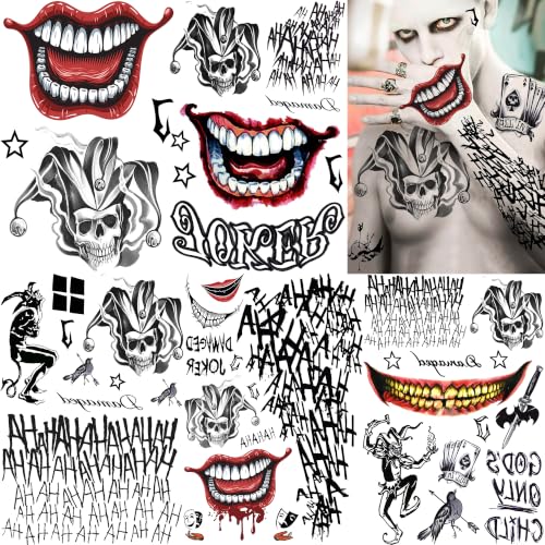 COKTAK 5 Sheets Halloween Tattoos Clown Big Mouth Temporary Tattoos Sticker Halloween Costume Accessories, Realistic Skull Demon Fake Tattoos Body Face Makeup Halloween Decoration Party Favor Supplies