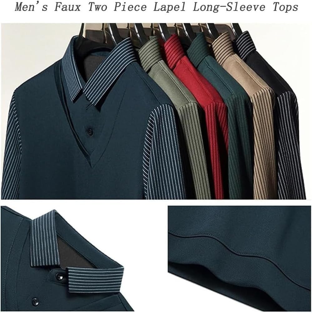 Men's Striped Lapel Fake Two-Piece Shirt Long Sleeve, Fake 2-Piece Knitted Shirt Polo Shirts, Business Casual Shirt Top - Image 6
