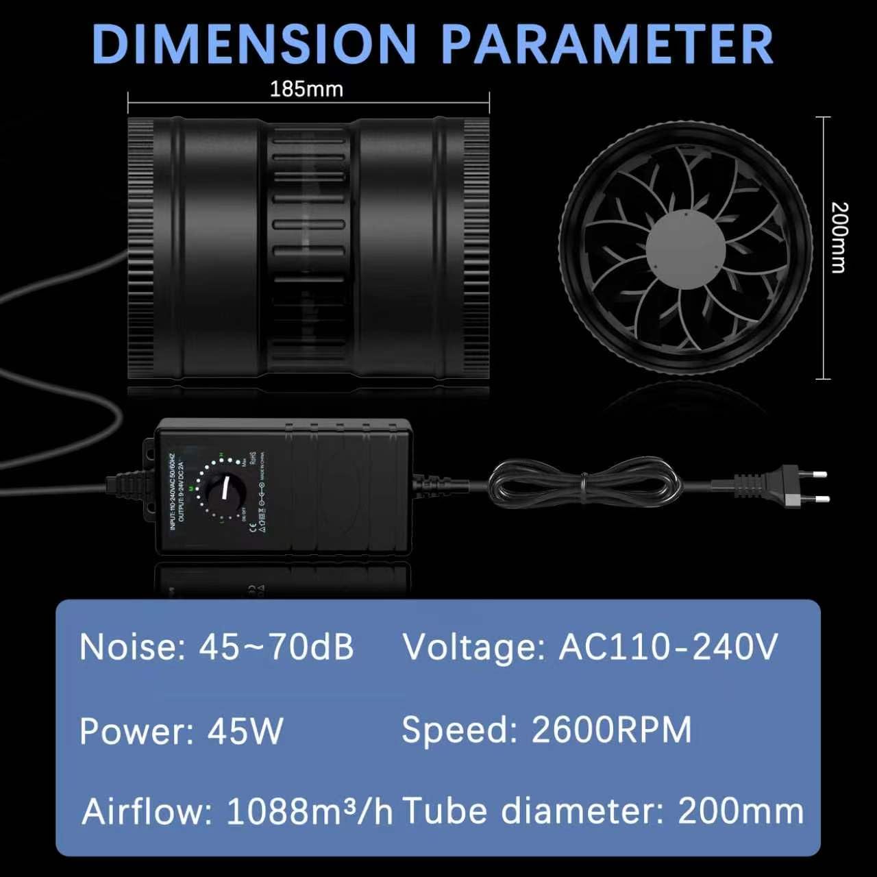 Extracteur d'Air 200 mm, Ventilateur d'Extraction 1088 m³/h,EC Moteur Conduit 2600 PRM 45 W Contrôleur de Vitesse,Cave Humide, pour Refroidissement Tentes Croissance Cultures Hydroponiques