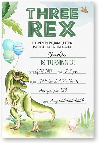 Miniatura 3 de Fiesta de cumpleaños de Three Rex, invitaciones de fiesta de tercer cumpleaños de dinosaurio jurásico verde, invitación a fiesta de cumpleaños de