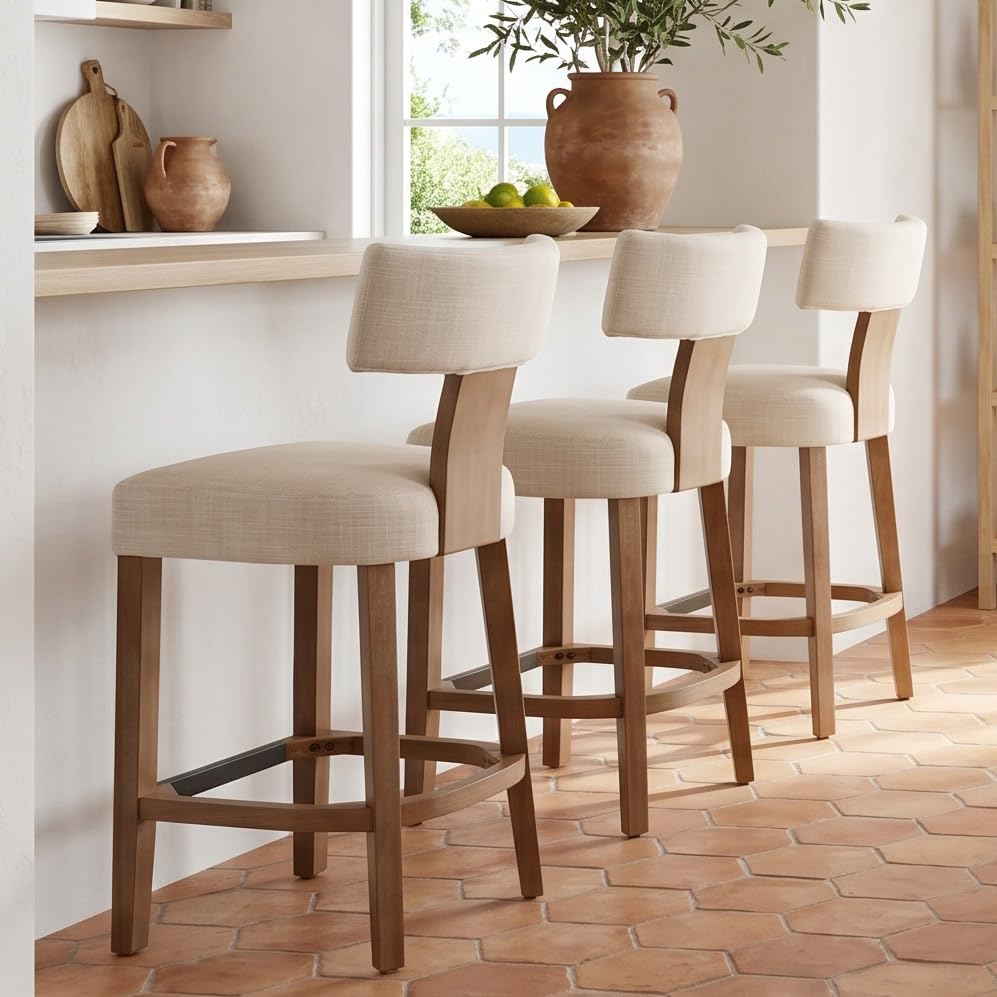 RIVOVA 26” Counter Stools Set of 3 Counter Height Bar Stools Modern Kitchen Bar Stools with Back and Solid Wood Legs, Farmhouse Upholstered Linen Island Stools Countertop Bar Chairs, Beige
