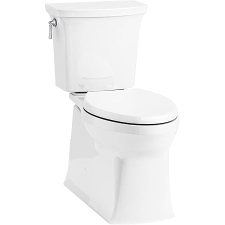 KOHLER 3814-0 Corbelle Comfort Height(R) elongated 1.28 gpf toilet with skirted trapway and Revolution 360 swirl flushing technology and left-hand trip lever (2 Piece), White