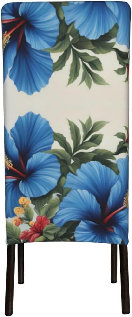 Blue Hibiscus Prints Dining Chair Throw Covers – Stretchy Spandex Furniture Layers for Refreshing Your Space - No Ironing Needed