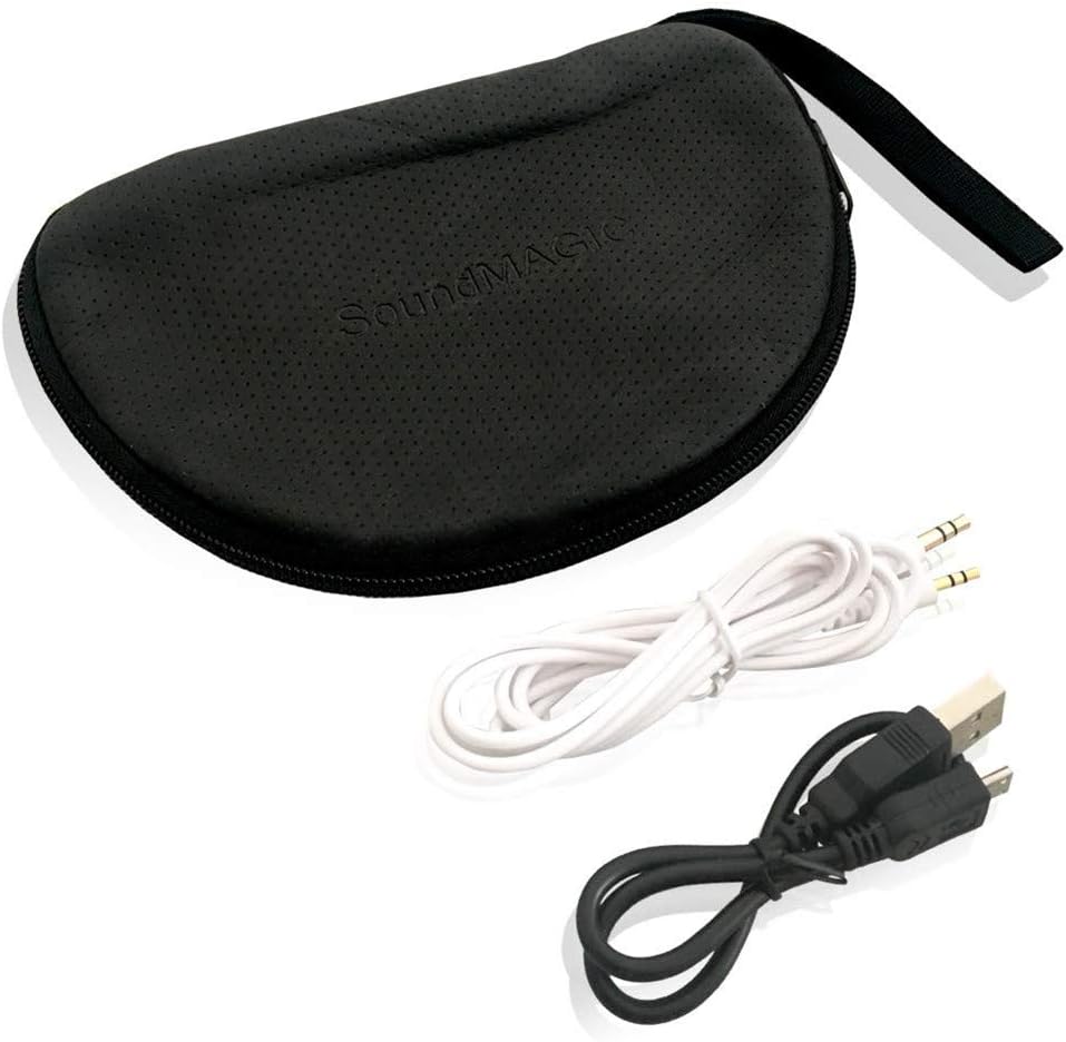 SoundMAGIC P22BT headphones with included accessories: USB charging cable, 3.5mm audio cable, and soft carrying case.