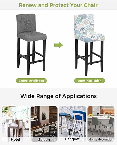 Miniatura 3 de Juego de 4 fundas para taburetes de bar, fundas elásticas para sillas de comedor, diseño de estrella de mar náutica, fundas extraíbles para sillas