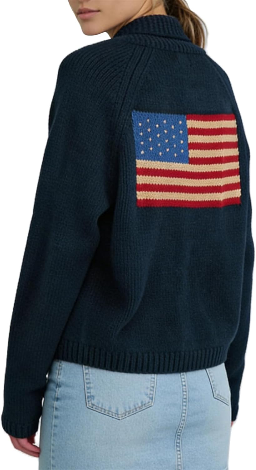 Women Y2k American Flag Pattern Sweater Solid Color Fourth of July Cardigan Patriotic Knic USA Button Front Top