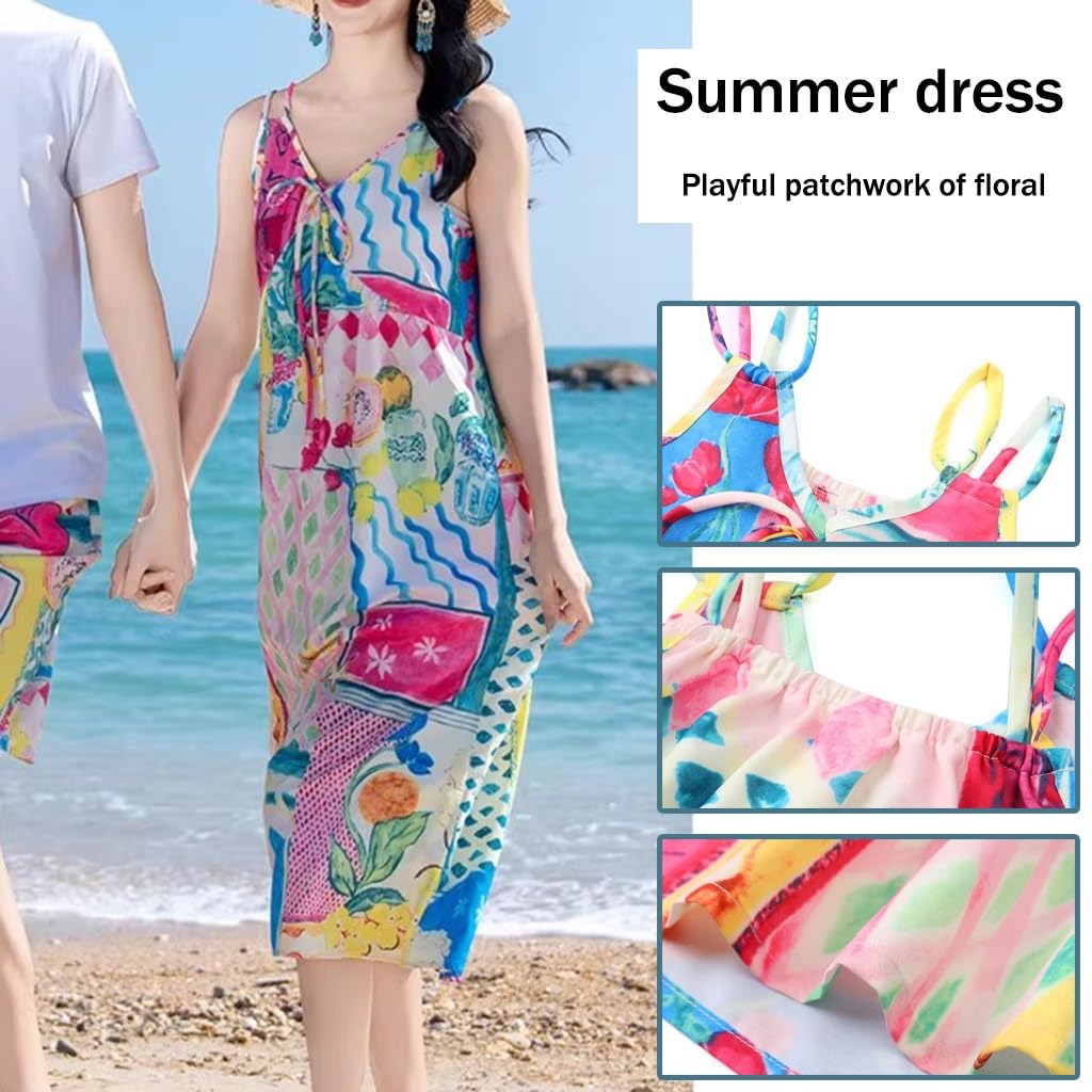 Abito da Vacanza con Spalline A Stampa Colorata, Abito da Spiaggia Estivo da Donna con Scollo A V, Spalline con Fiocco