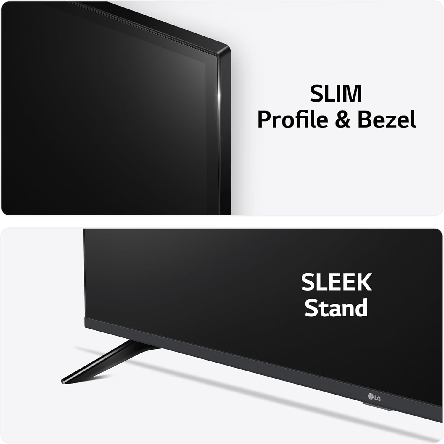 Close-up of the TV's slim profile, bezel, and sleek stand