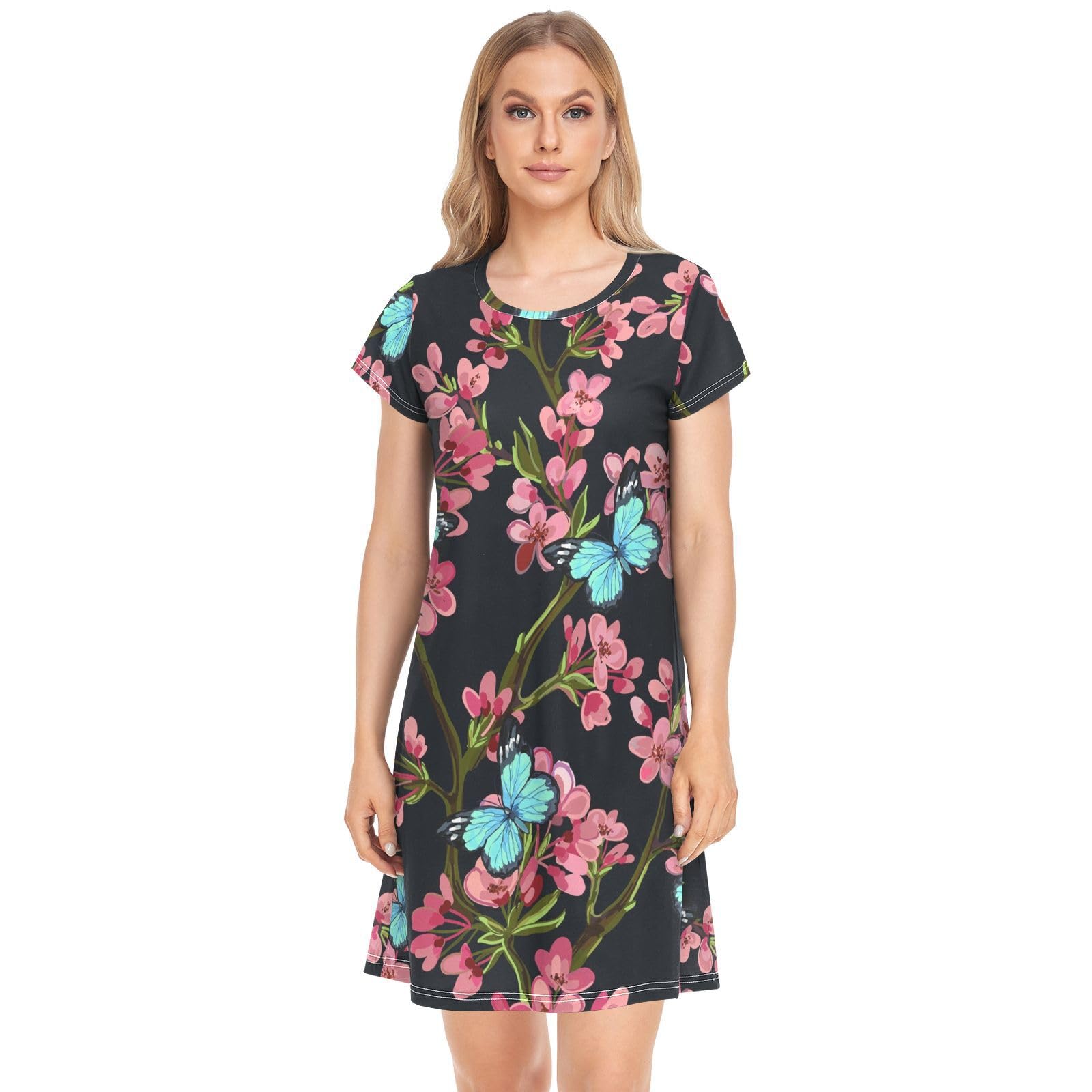 YOUJUNER Women's Nightdress Japanese Flower Nighties Nightgown Short Sleeve Nightshirt Sleepwear Loungewear T-Shirt Dress