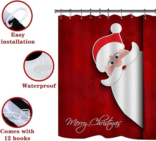 Miniatura 16 de Juego de 4 cortinas de ducha con alfombra antideslizante, cubierta para tapa de inodoro y tapete de baño, cortina de ducha de Papá Noel con 12 Papá
