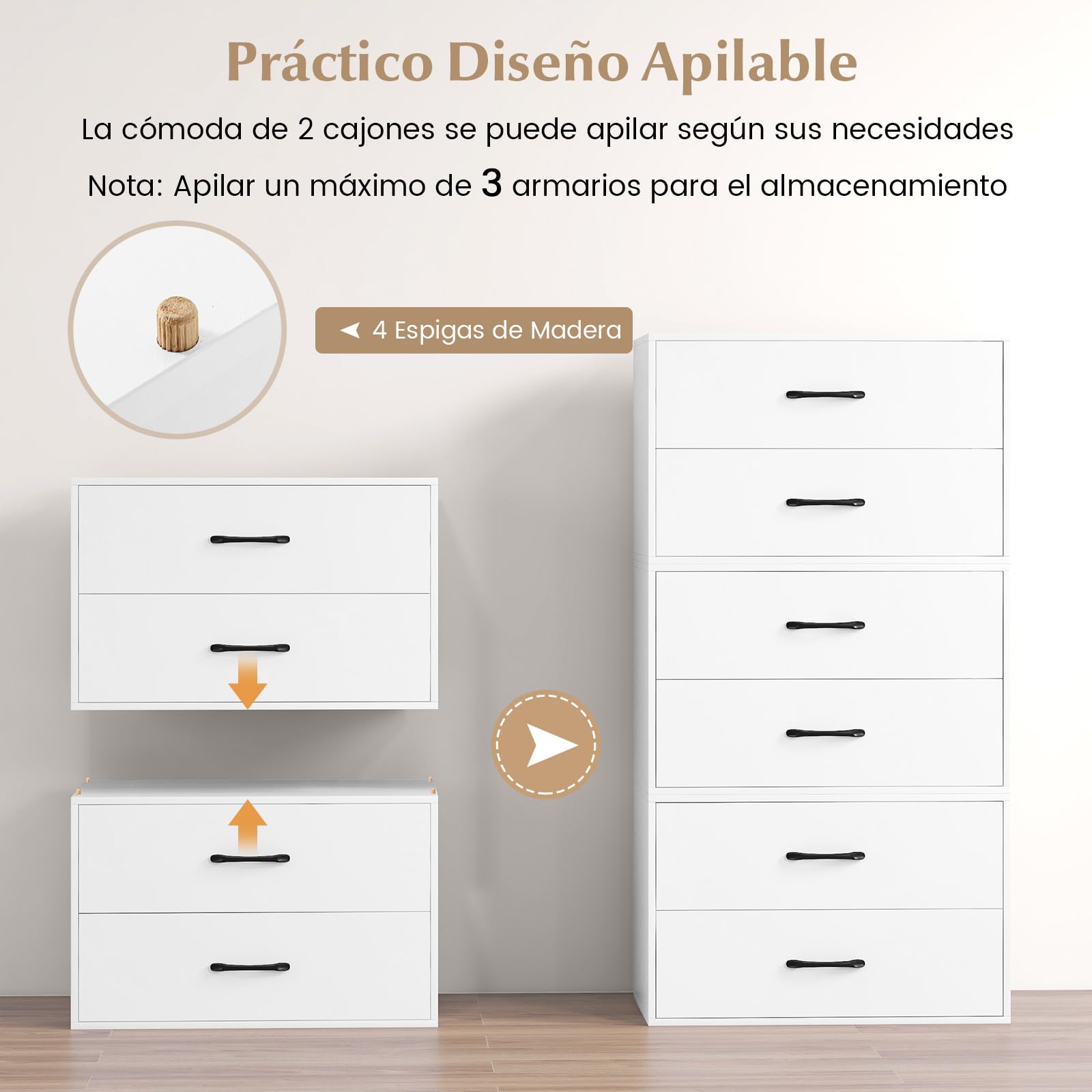 COSTWAY Cómoda con 2 Cajones, Cómoda de Cajones Apilable, Gabinete de Almacenamiento Horizontal con Kits Anti-Vuelco, Mueble de Almacenaje Independiente para Sala de Estar, Estudio, Oficina (Blanco)