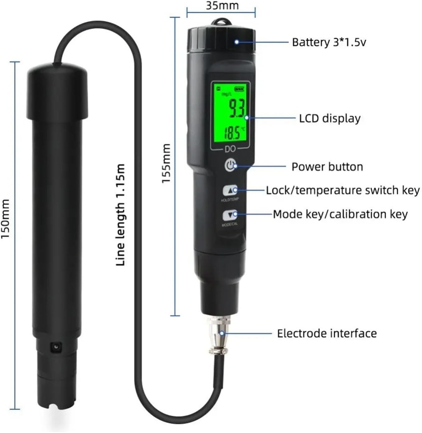 0-40mg/L Dissolved Oxygen Meter, Digital Oxygen Concentration Tester Plastic Water Quality Analyzer