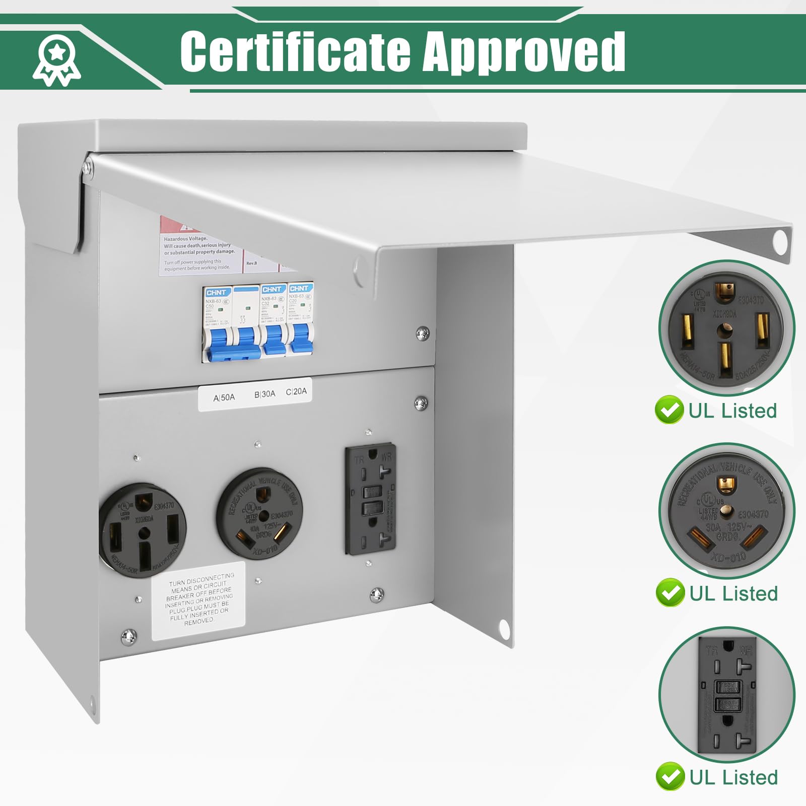 Briidea Temporary Power Outlet Panel - 20 & 50 Amp Receptacles, Prewired Weatherproof RV Panel For Outdoor Use