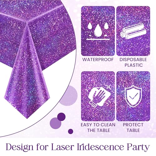 Image of Just Shimmer Purple Holographic Tablecloth 40 x 108, 1 Pack Iridescent Shiny Disposable Plastic Rectangle Table Cover for Halloween, Birthday, Bachelorette, Graduation and Wedding Party Decorations