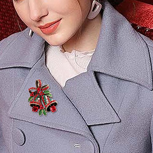 image for FERVENT LOVE Vintage Christmas Bowknot Double Bells Brooch with Green 