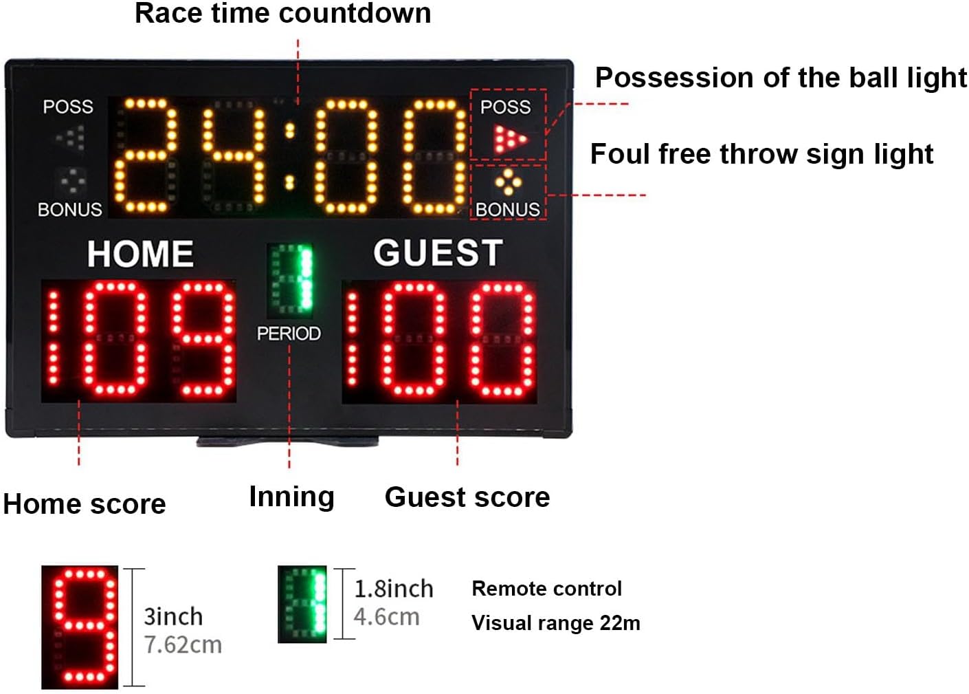 GA30B Digital Basketball Scoreboard, 11-Digit Multisport Electronic Display with Remote Control, Portable Tabletop Timer for Volleyball Wrestling Training