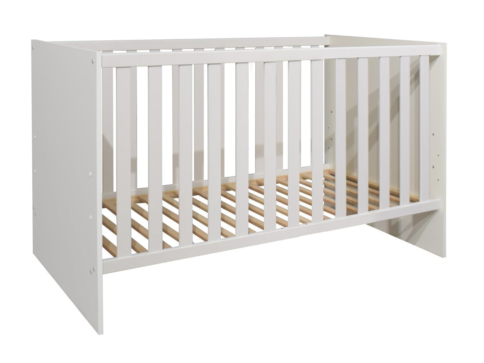 Kinderzimmer Set Sienna, 7-teilig mit Babybett 70x140cm, Wickelkommode, Kleiderschrank, Wandregal, aus Holzwerkstoff, Farbe Weiß Matt/Eiche Nelson